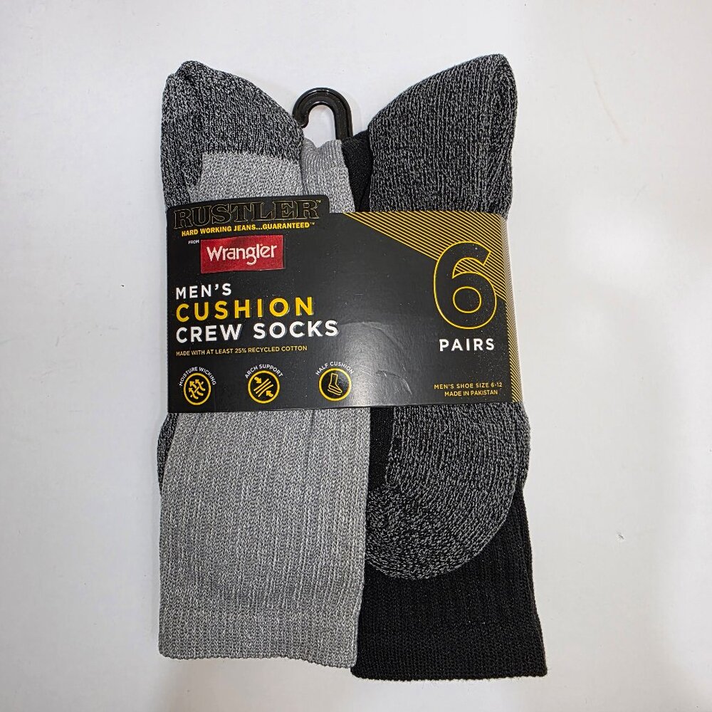 Rustler by Wrangler Men's Cushion Crew Socks, 6 Pairs, Shoe Size 6-12 Black Gray